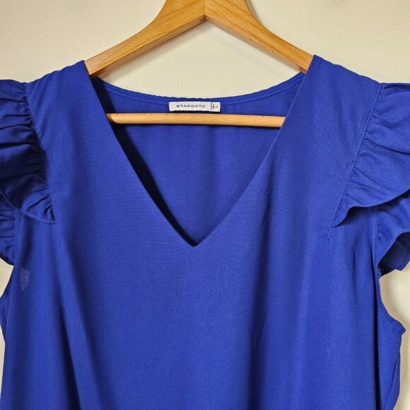 EUC STACCATO ELECTRIC BLUE V NECK FLUTTER SLEEVES SHORT DRESS SZ LARGE - Picture 5 of 15